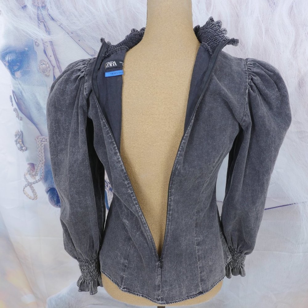 Zara "The 80's Collection" Black Acid Washed High Neck Puff Long Sleeve S XS Top - Picture 10 of 10